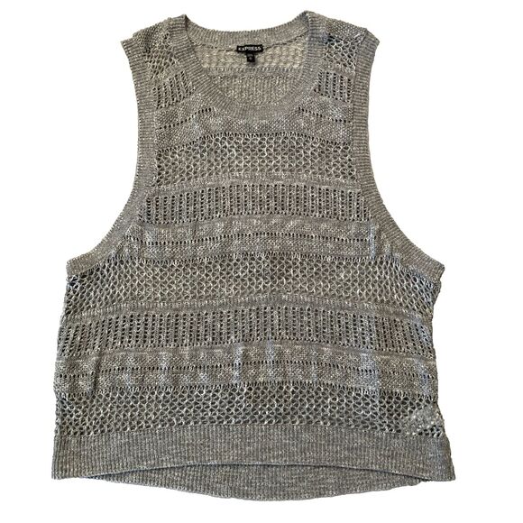 Express Sweaters - Vintage Y2K Express Crochet Sweater Vest Womens MEDIUM Gray Preppy Academia